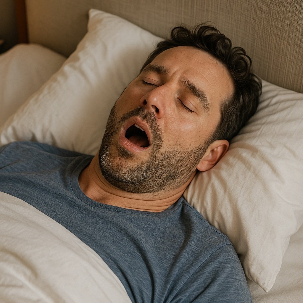 Homme en train de ronfler pendant son sommeil, utilisé pour illustrer un article sur les solutions anti-ronflement
